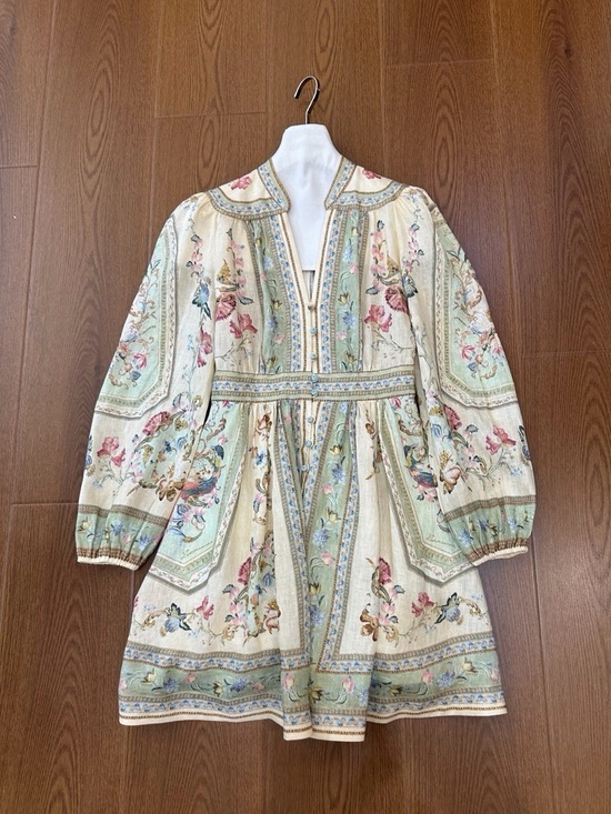 Zimmermann Dresses & Skirts - Zimmermann Cream Mini Dress with Sage Panels and Pink Floral Motif
